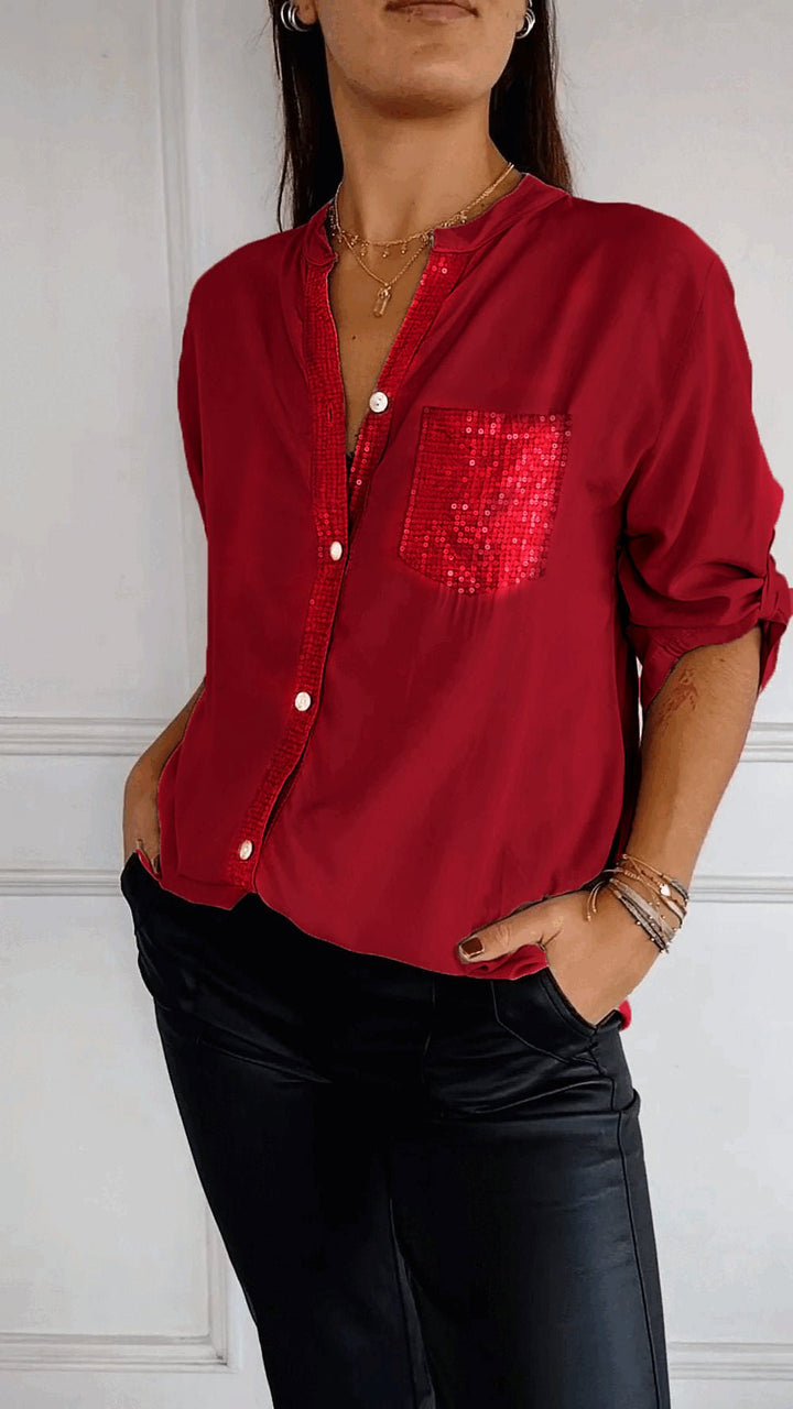 COTTON V™ | V-Neck Sequin Mid-Sleeve Casual Top
