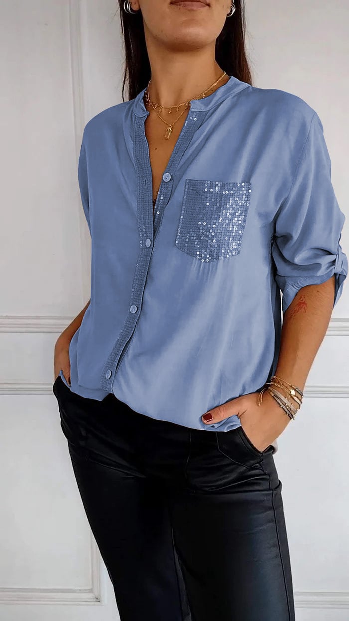 COTTON V™ | V-Neck Sequin Mid-Sleeve Casual Top