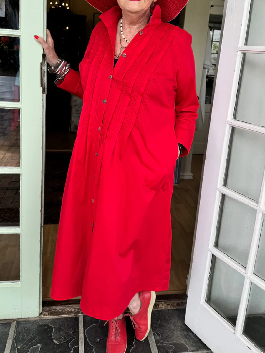 Accordion-pleated Shirt Collar Cotton and Linen Dress