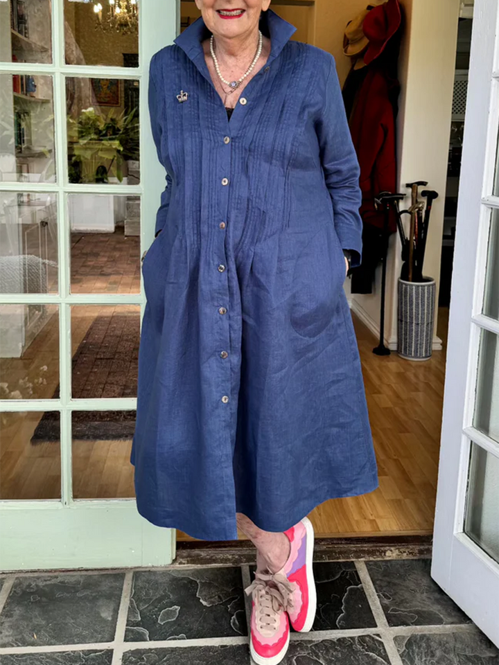 Accordion-pleated Shirt Collar Cotton and Linen Dress