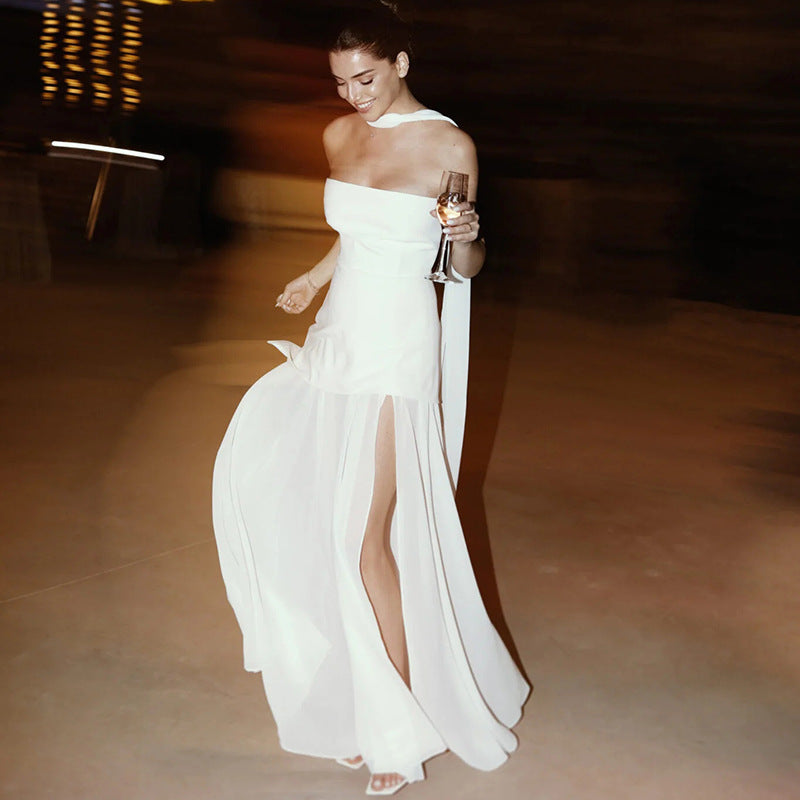 Ariadne - Strapless Patchwork Mesh Asymmetrical Maxi Dress